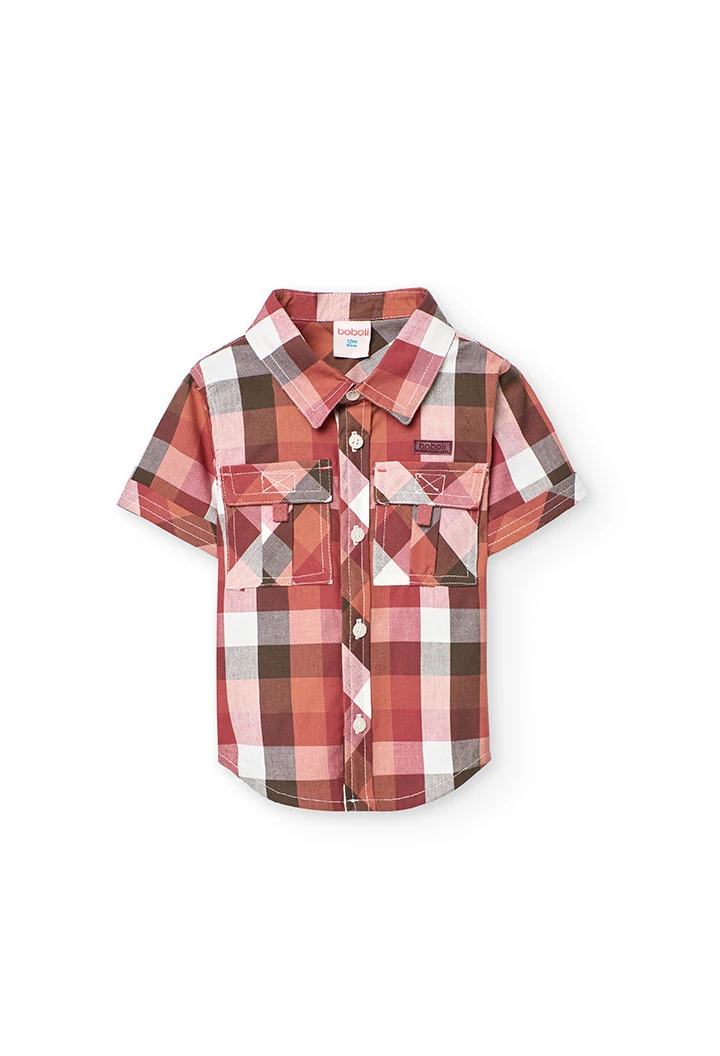 Camicia in popeline per bambino con quadri in tonalità calde.