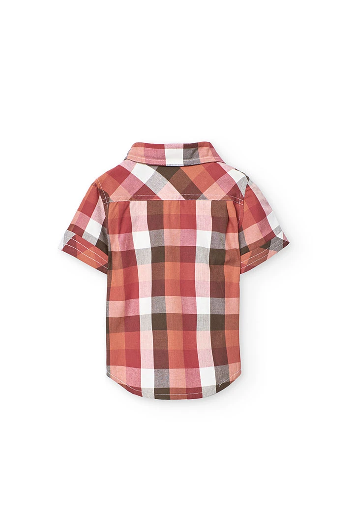 Camicia in popeline per bambino con quadri in tonalità calde.