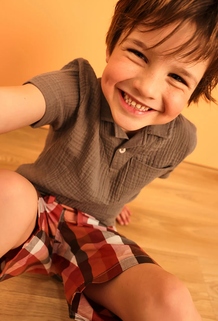 Baby poplin shorts in red and brown check pattern