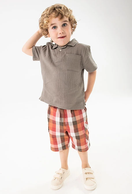 Baby poplin shorts in red and brown check pattern