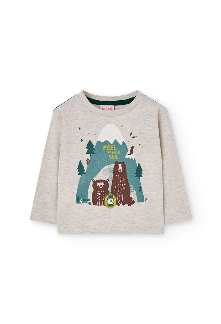 Maglietta bambino in maglia beige con orsi montagne