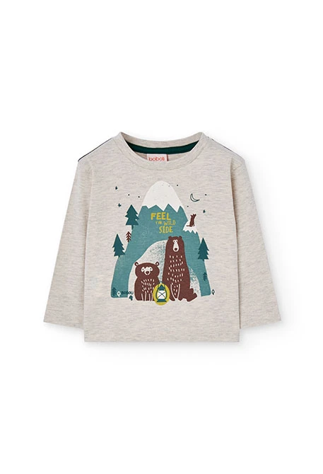 Beige boy´s knit t-shirt with bears and mountains