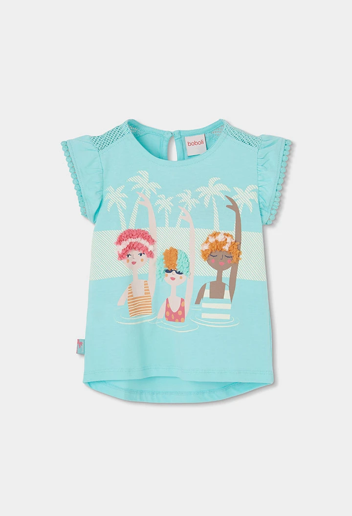 T-shirt fille en maille turquoise