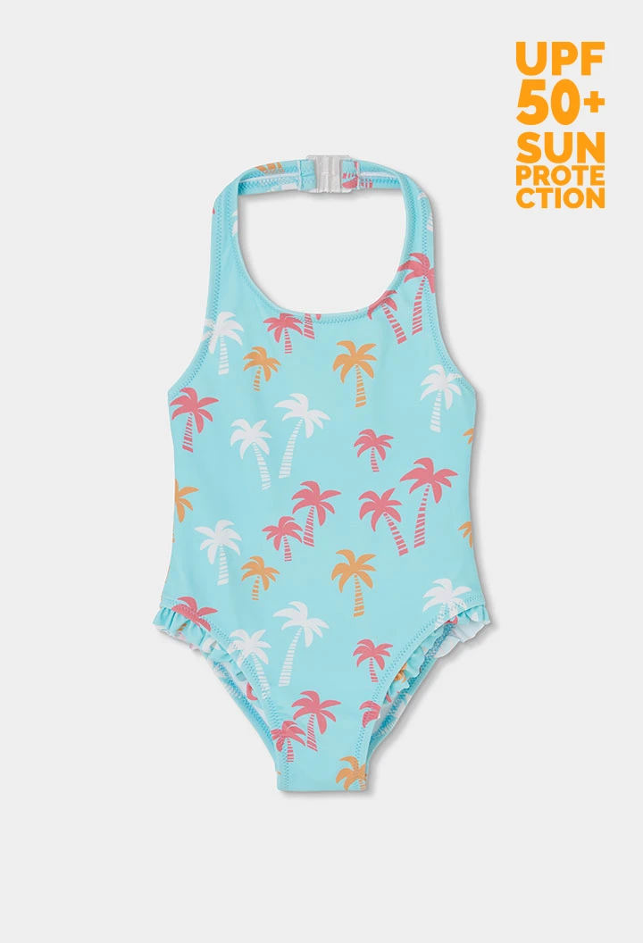Girl's swimsuit with palm tree print UPF50+