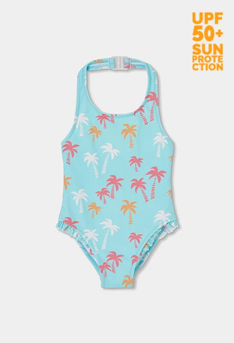 Girl's swimsuit with palm tree print UPF50+