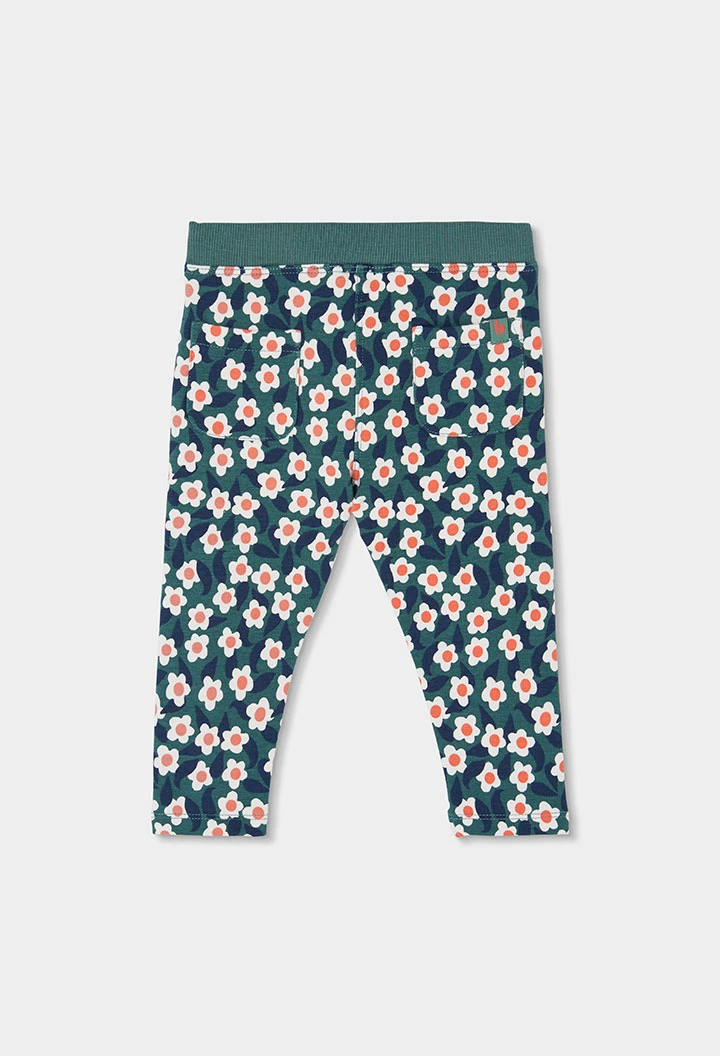 Pantalón felpa niña estampado flores verde