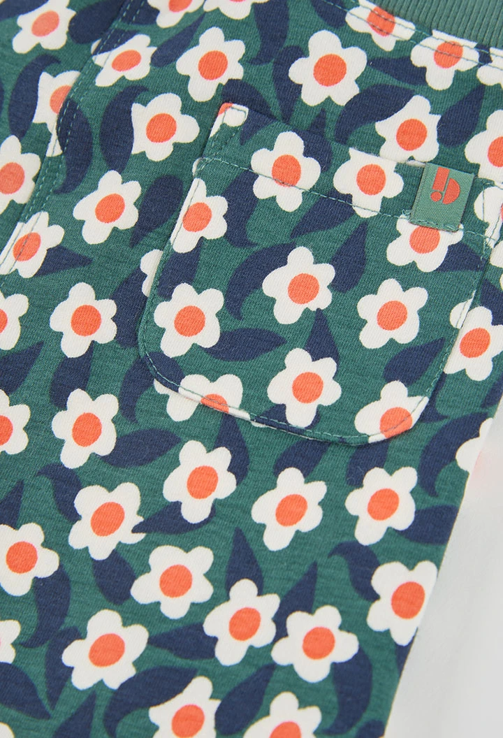 Pantalón felpa niña estampado flores verde