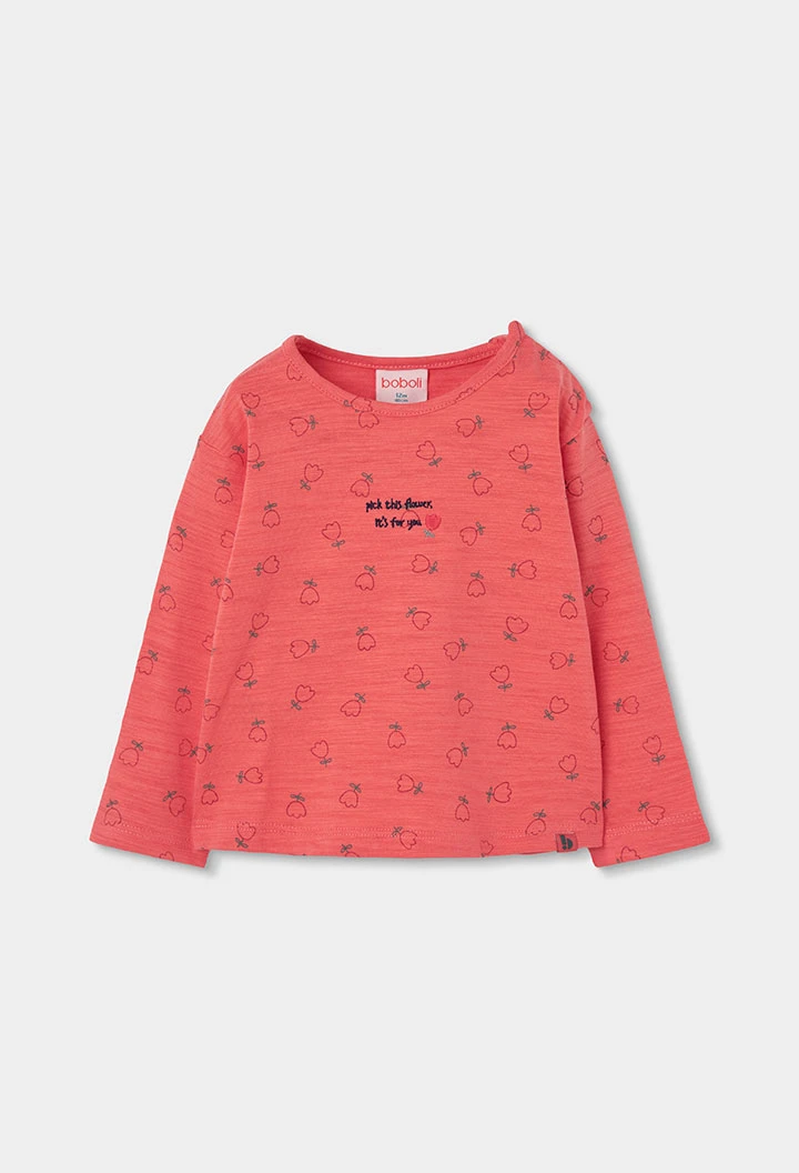 Camiseta de malha menina laranja estampado flores