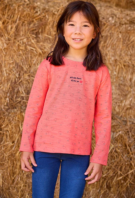 Maglietta in maglia bambina arancione stampa fiori