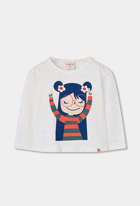 Camiseta de malha menina branca estampado menina com óculos