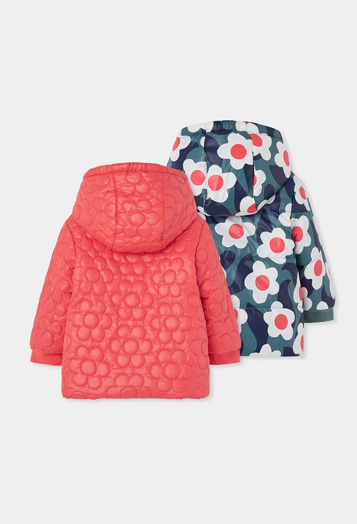 Parka tejido técnico niña naranja estampado flores