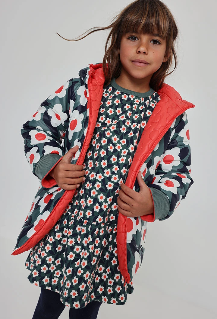 Technisches Strickgewebe-Parka Mädchen orange Blumendruck