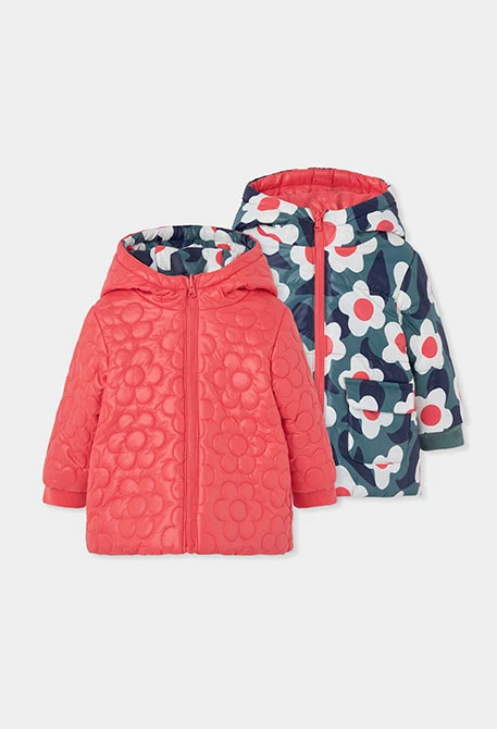 Parka tejido técnico niña naranja estampado flores