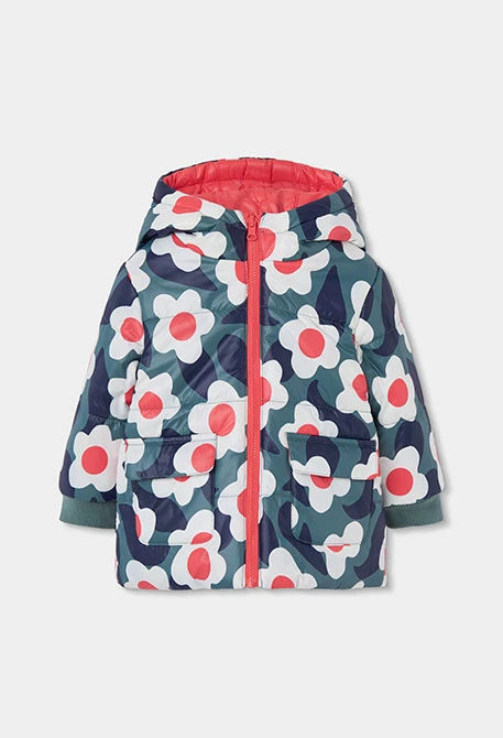 Parka tejido técnico niña naranja estampado flores