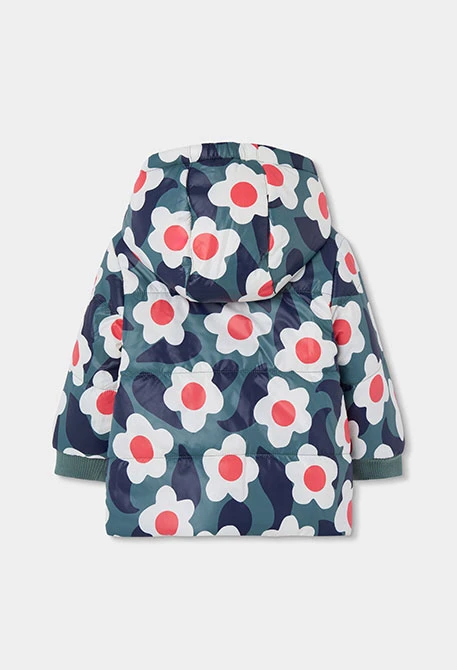 Parka tejido técnico niña naranja estampado flores
