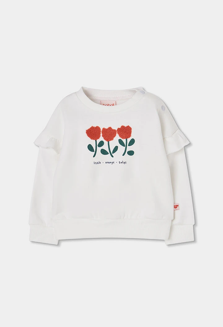 Girls\' white fleece sweatshirt with tulip embroidery