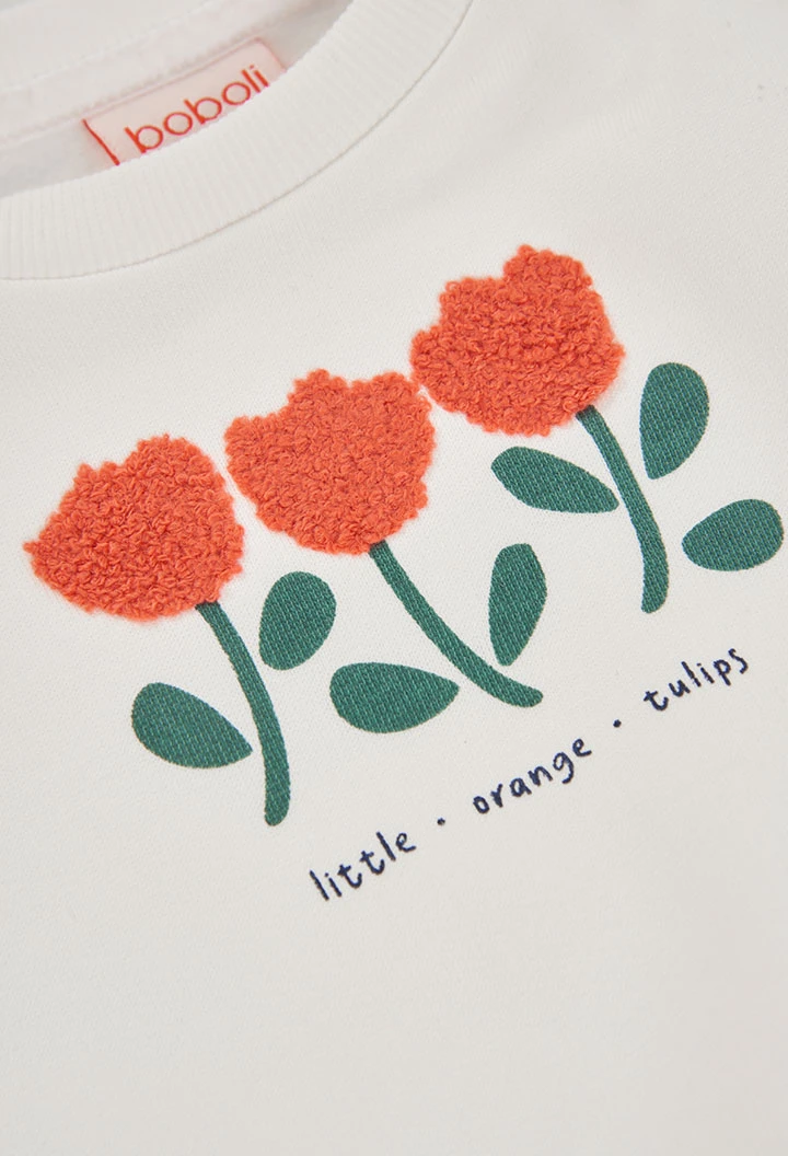 Sudadera felpa niña blanca bordado tulipanes
