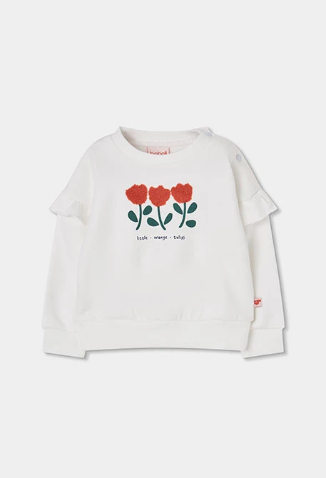 Sudadera felpa niña blanca bordado tulipanes