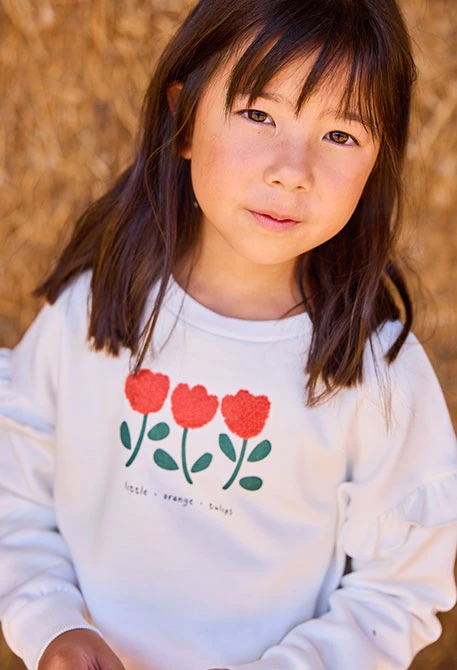 Sudadera felpa niña blanca bordado tulipanes