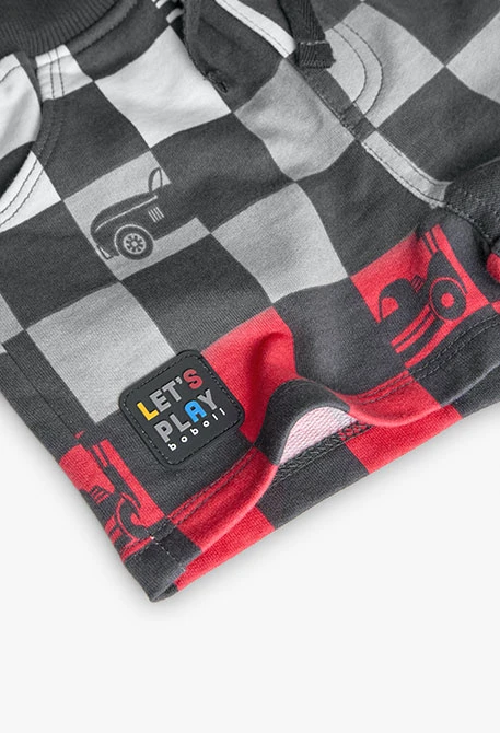 Knitted shorts for baby boy with grey and red print