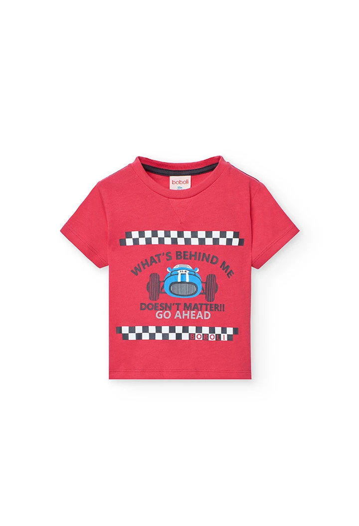 Baby-Jungen-Strick-T-Shirt mit Auto-Print in Erdbeerfarbe