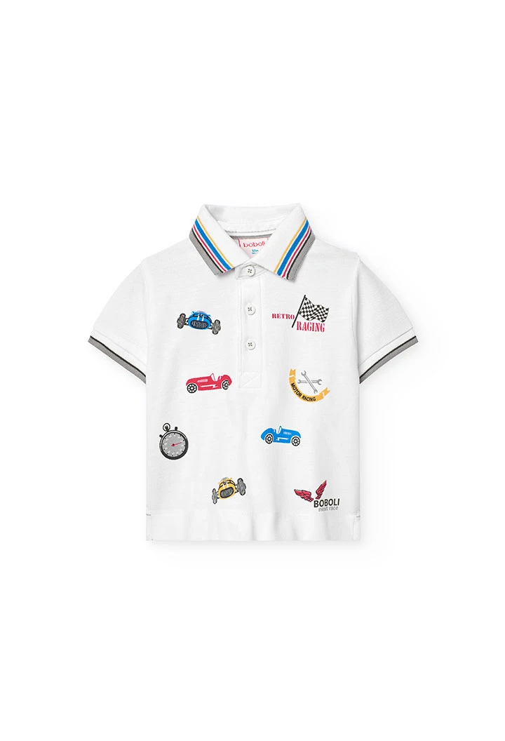 Baby boy knit polo shirt in white with race car print