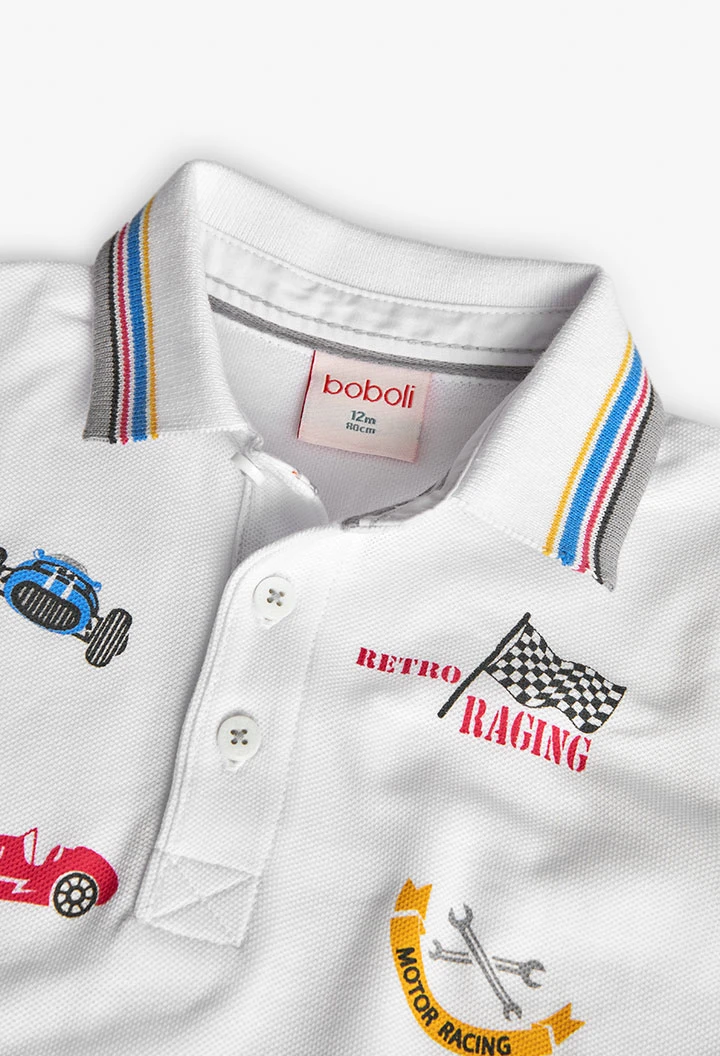 Baby boy knit polo shirt in white with race car print