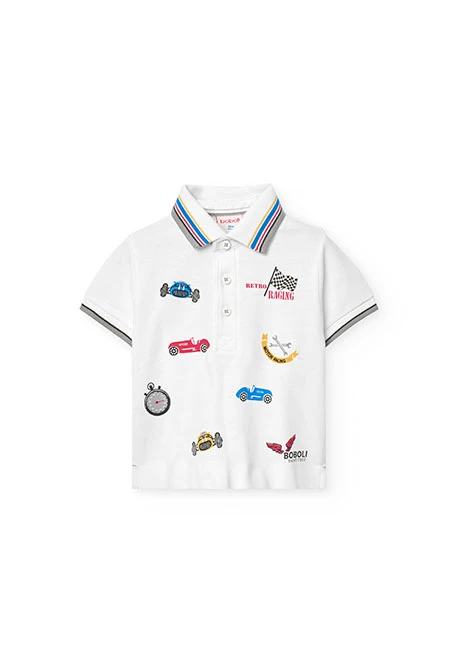 Strickpolo für Jungen in Weiß mit Rennmotiv.