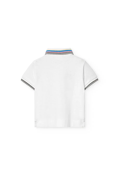Strickpolo für Jungen in Weiß mit Rennmotiv.