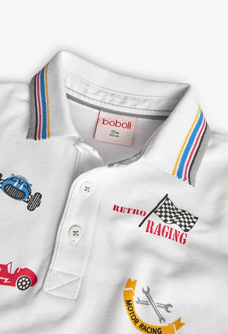 Polo lavorato a maglia per bebè bambino in colore bianco con stampa di gare.