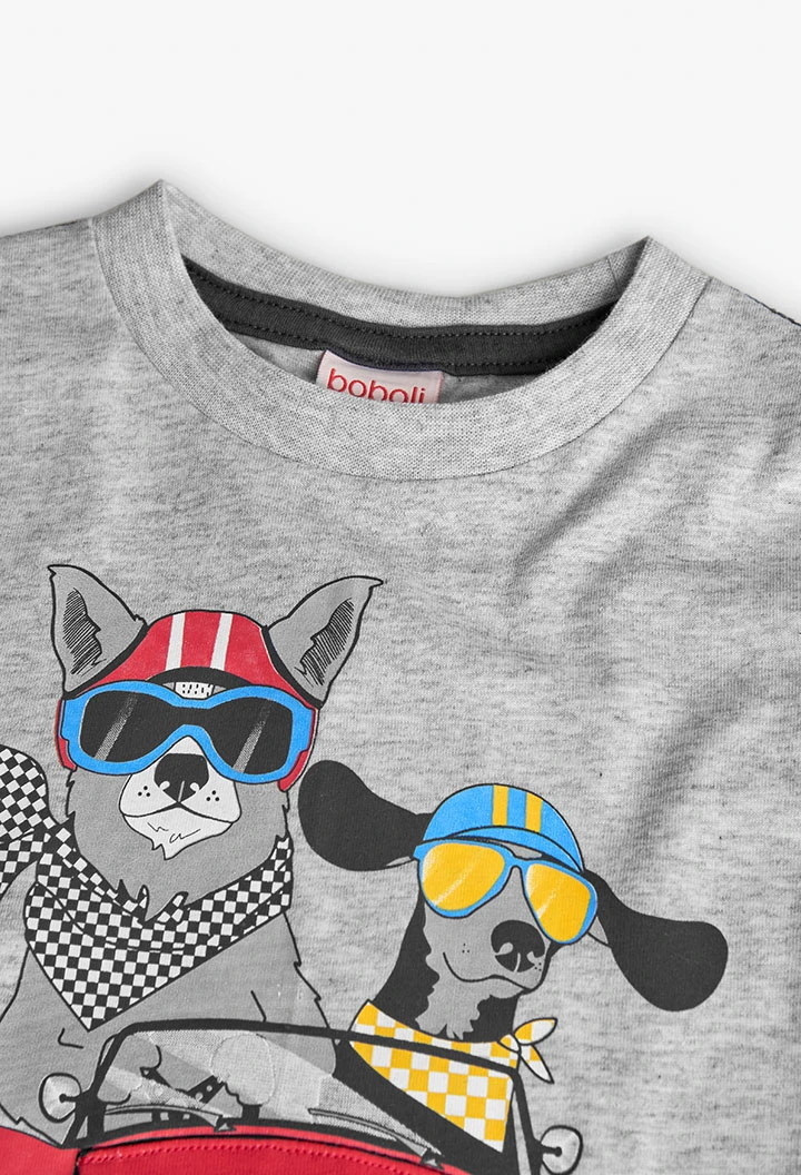T-shirt en maille pour bébé garçon en gris chiné avec imprimé.
