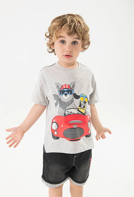 T-shirt en maille pour bébé garçon en gris chiné avec imprimé.