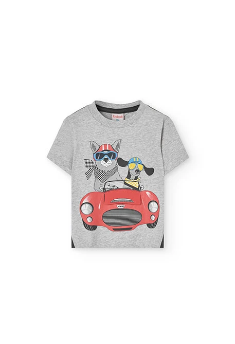 T-shirt en maille pour bébé garçon en gris chiné avec imprimé.