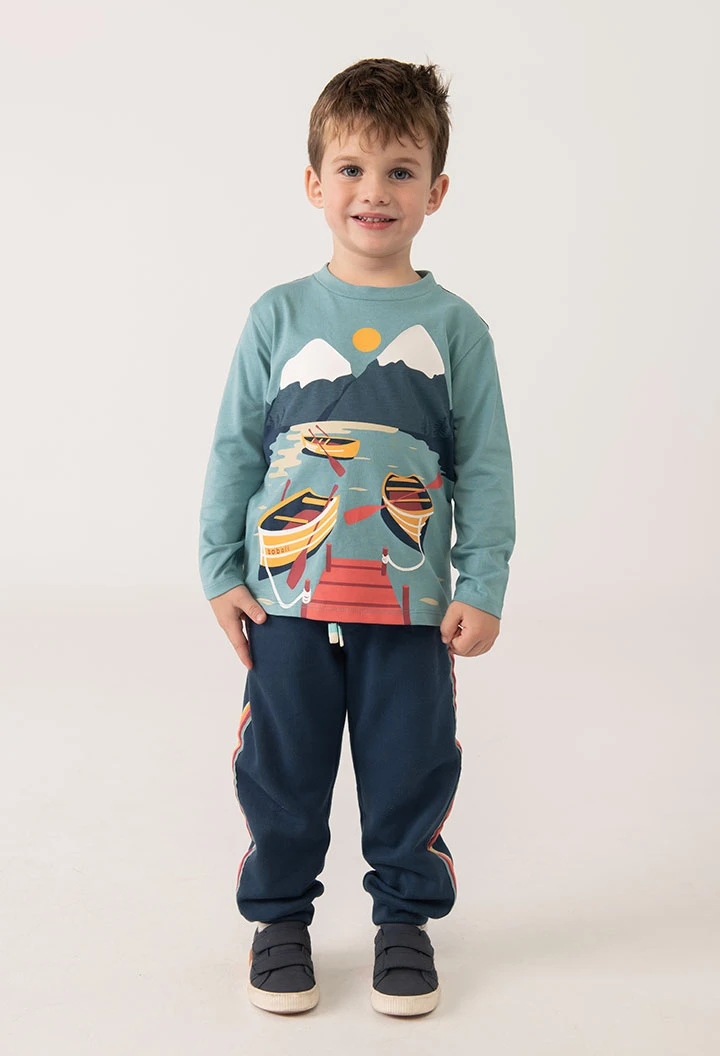 Camiseta niño punto estampada verde turquesa