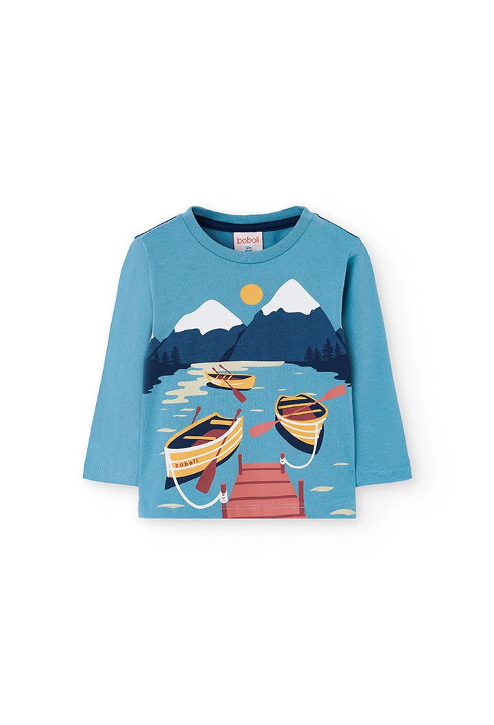 Camiseta niño punto estampada verde turquesa