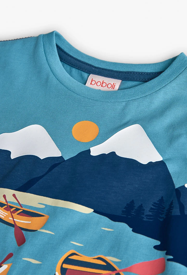 Camiseta niño punto estampada verde turquesa
