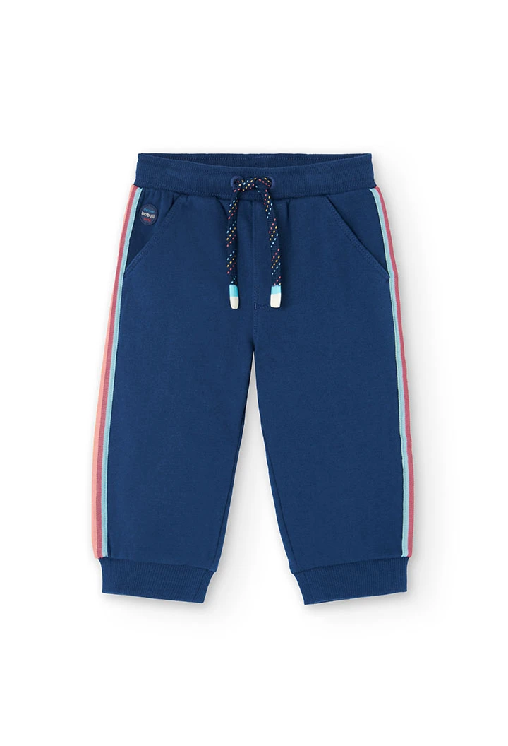 Pantalon garçon en molleton bleu marine à rayures
