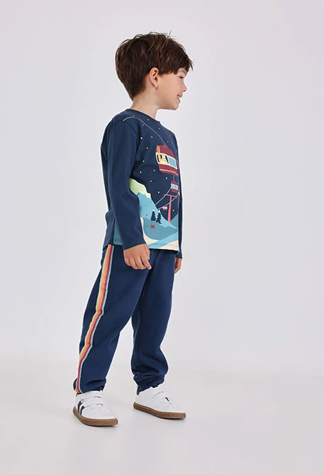 Pantalon garçon en molleton bleu marine à rayures
