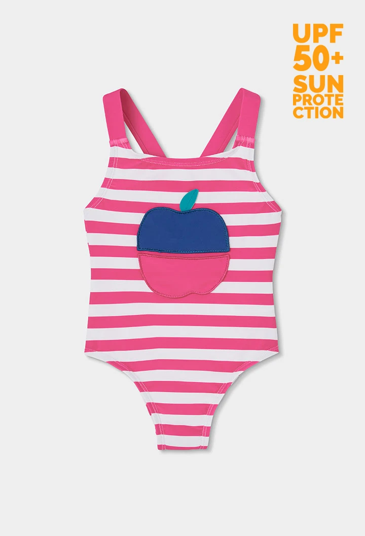 Costume da bagno bambina a righe rosa e bianche UPF50+