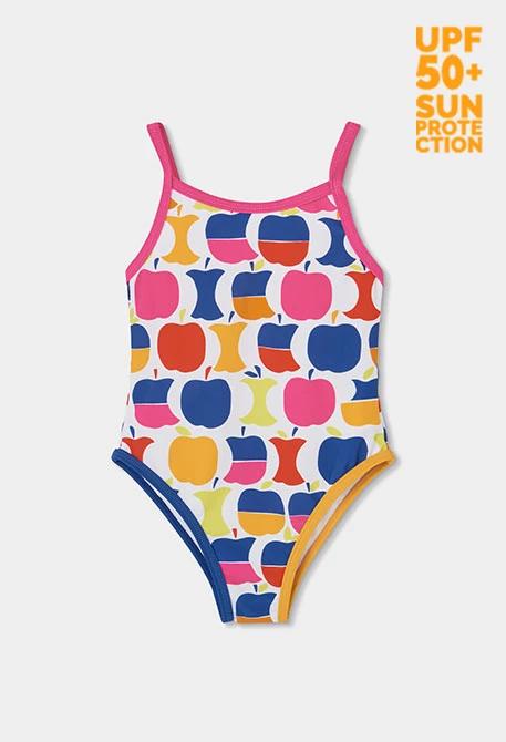 Costume da bagno bambina con stampa di mele UPF50+