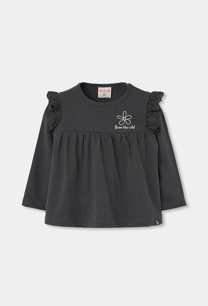 Girl\'s grey knitted T-shirt with flower embroidery