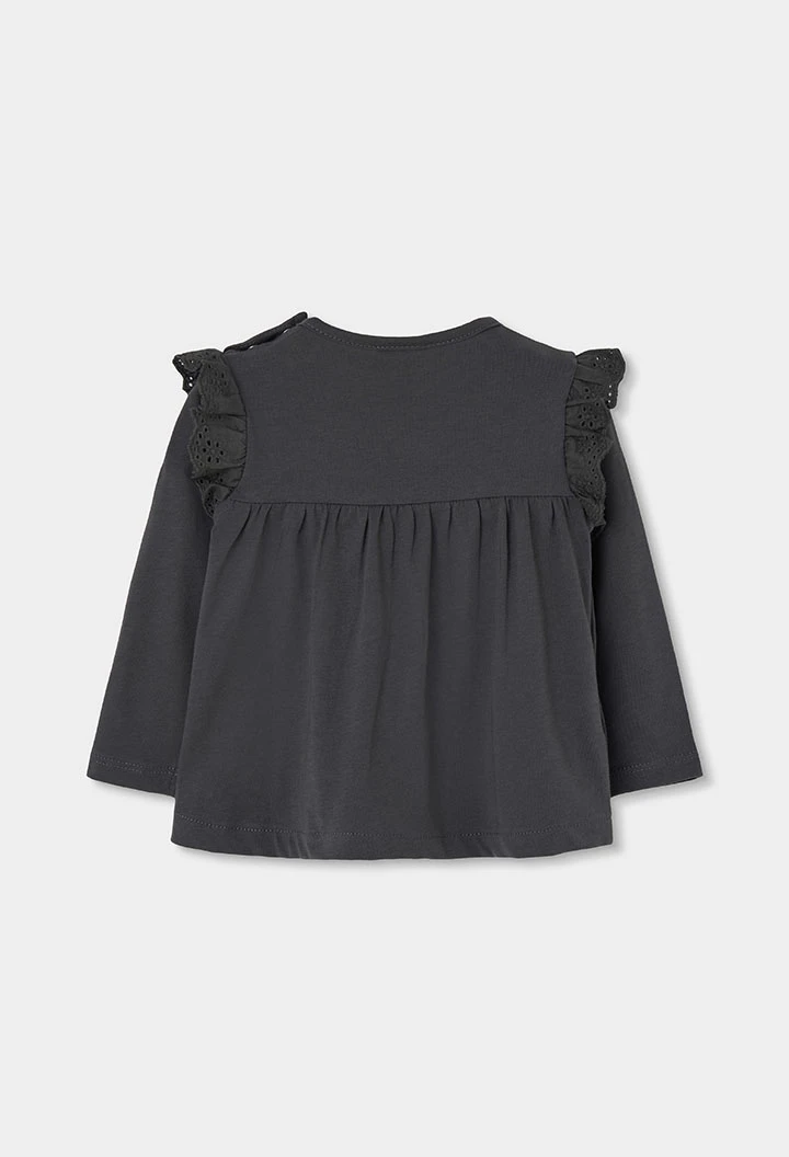 Camiseta punto niña gris con bordado de flor