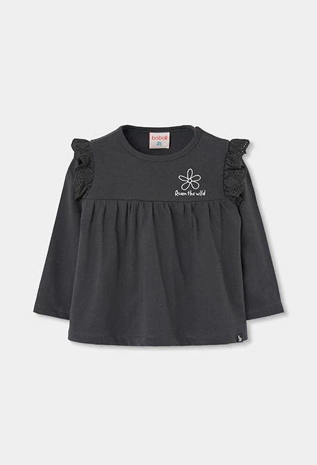Camiseta de malha menina cinza com bordado de flor