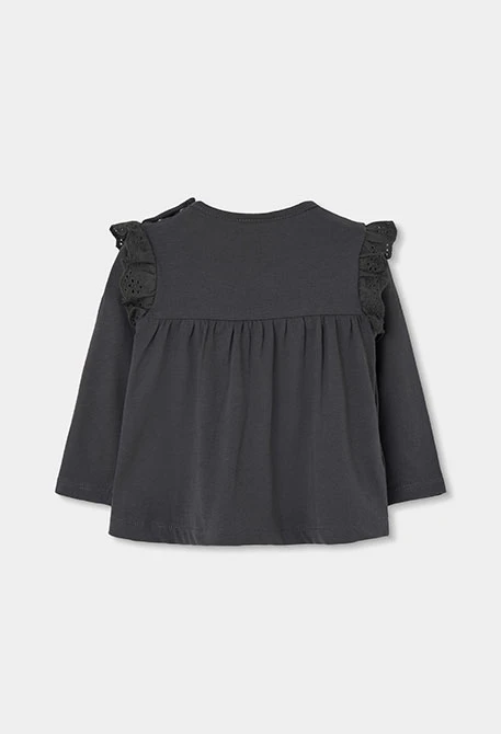 Graues Mädchen-Strickshirt mit Blumenstickerei