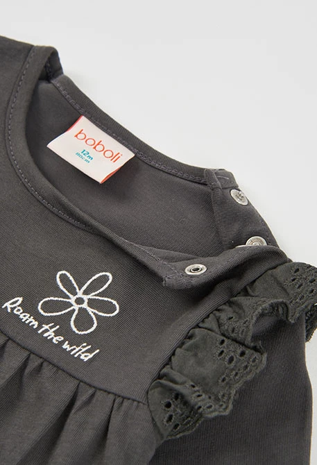 Graues Mädchen-Strickshirt mit Blumenstickerei