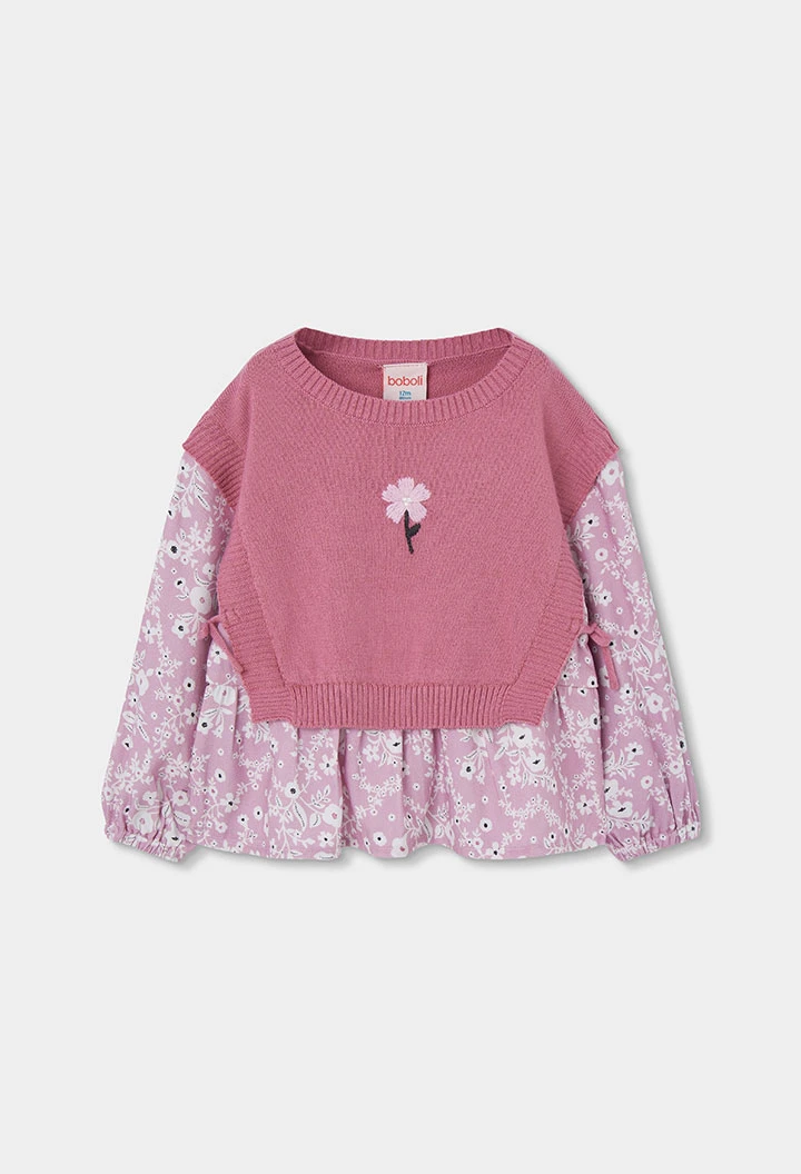 Floral print combined pink girl\'s jumper
