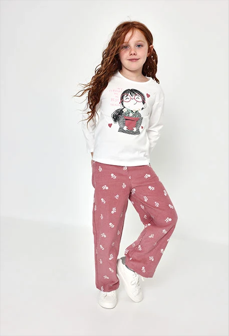 Pantalon velours côtelé fin fille rose imprimé fleurs