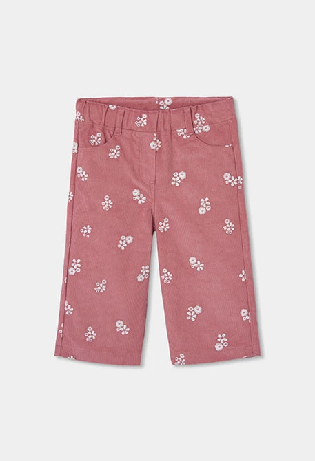 Floral print pink girls\' fine corduroy trousers