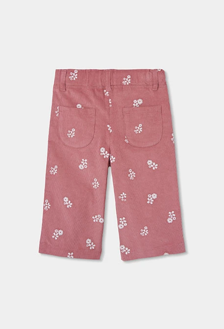 Floral print pink girls\' fine corduroy trousers