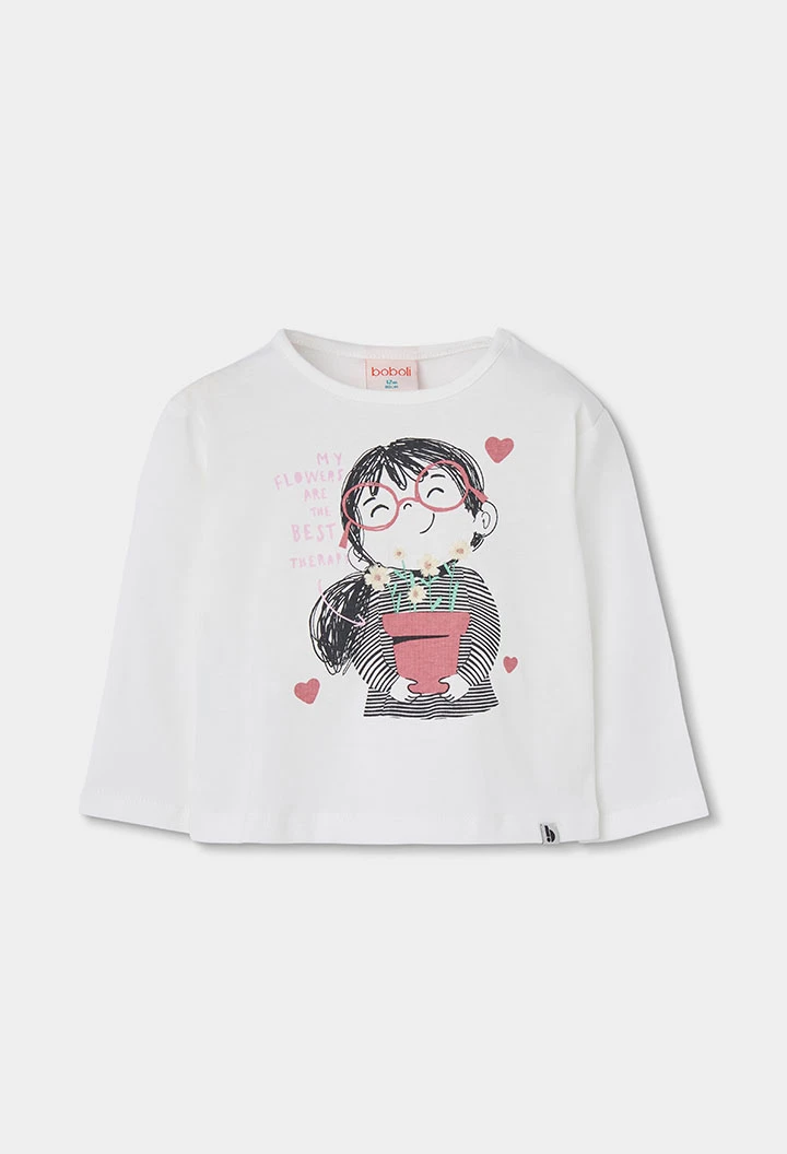 Weißes gestricktes Mädchen-T-Shirt mit Blumenmädchen-Aufdruck
